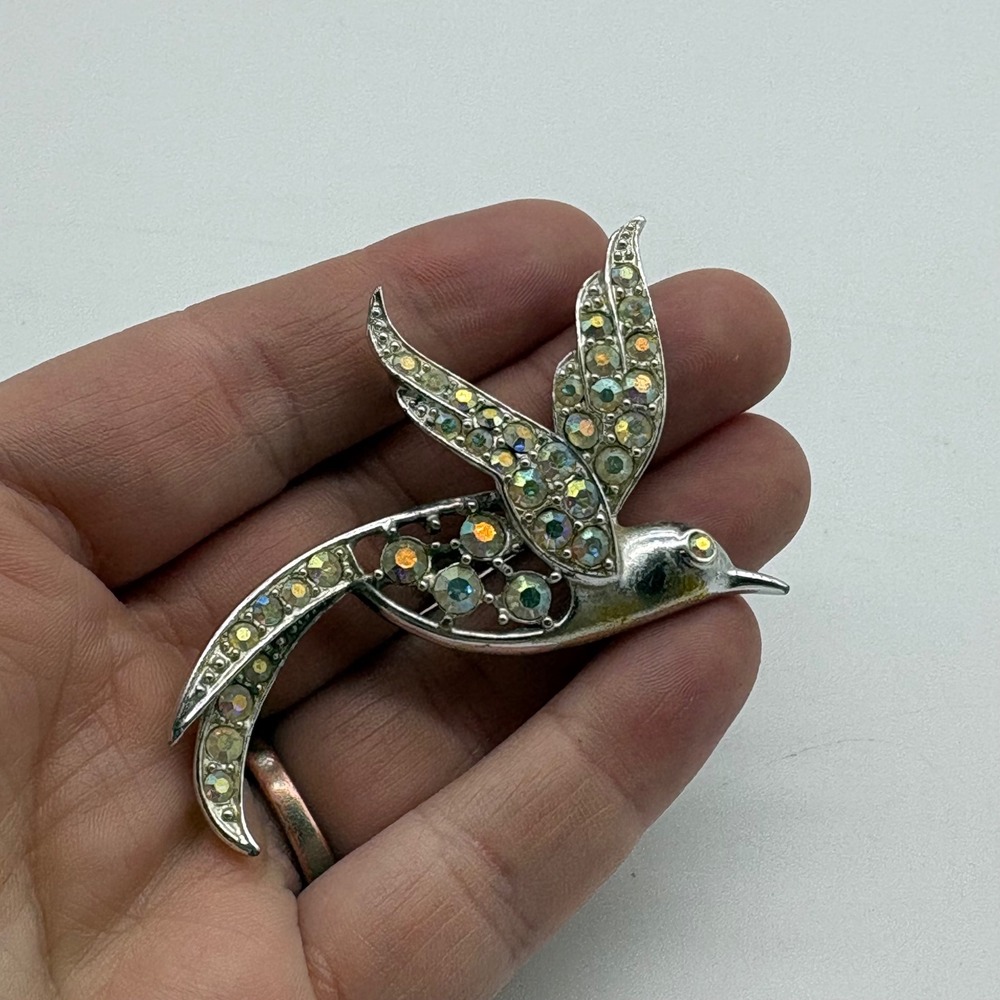 Sarah Coventry Vintage 1960s Bird of Paradise Brooch Silvertone AB Rhinestone